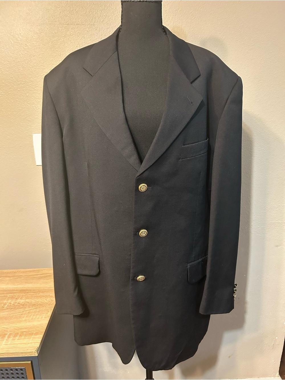 Roberto Villini Men’s Super 100 Wool Blazer Black Gold Buttons Italy 48 50